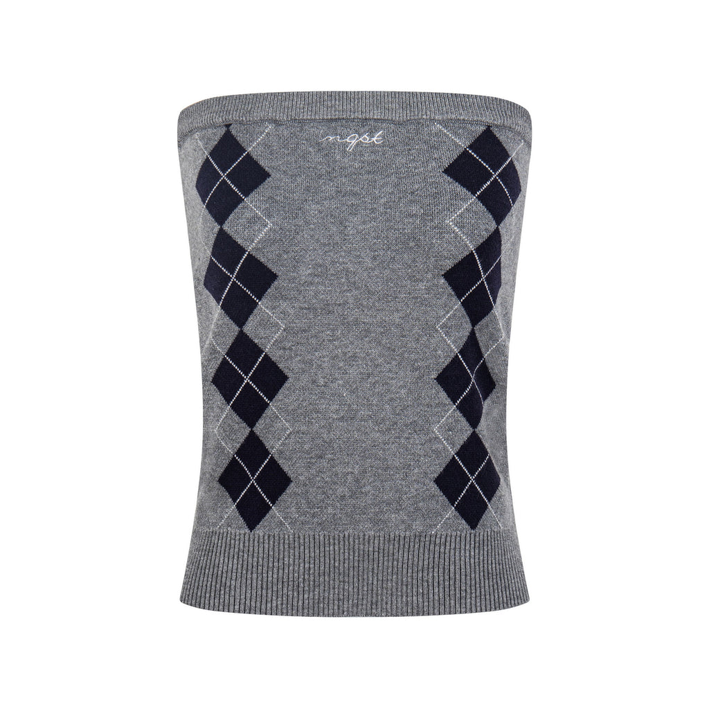Color-Blocking Diamond Pattern Strapless Top, Waist-Cinching Slim-Fit Sweet