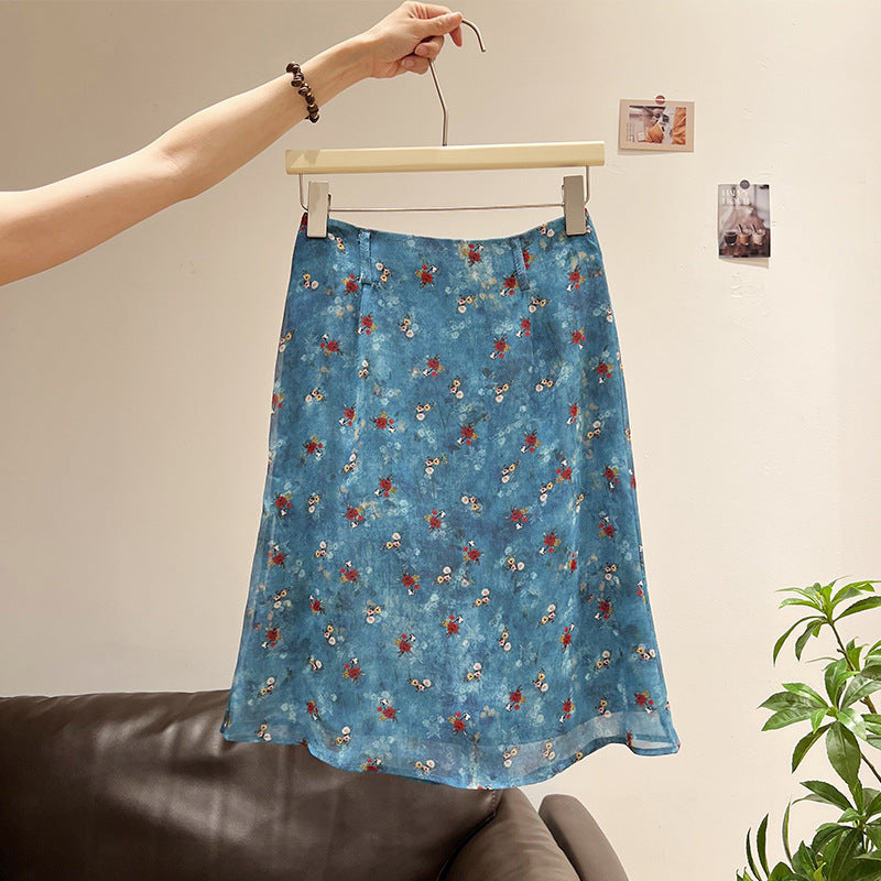 Blue Floral Chiffon Midi Skirt for Women, High Waist, Slim Fit
