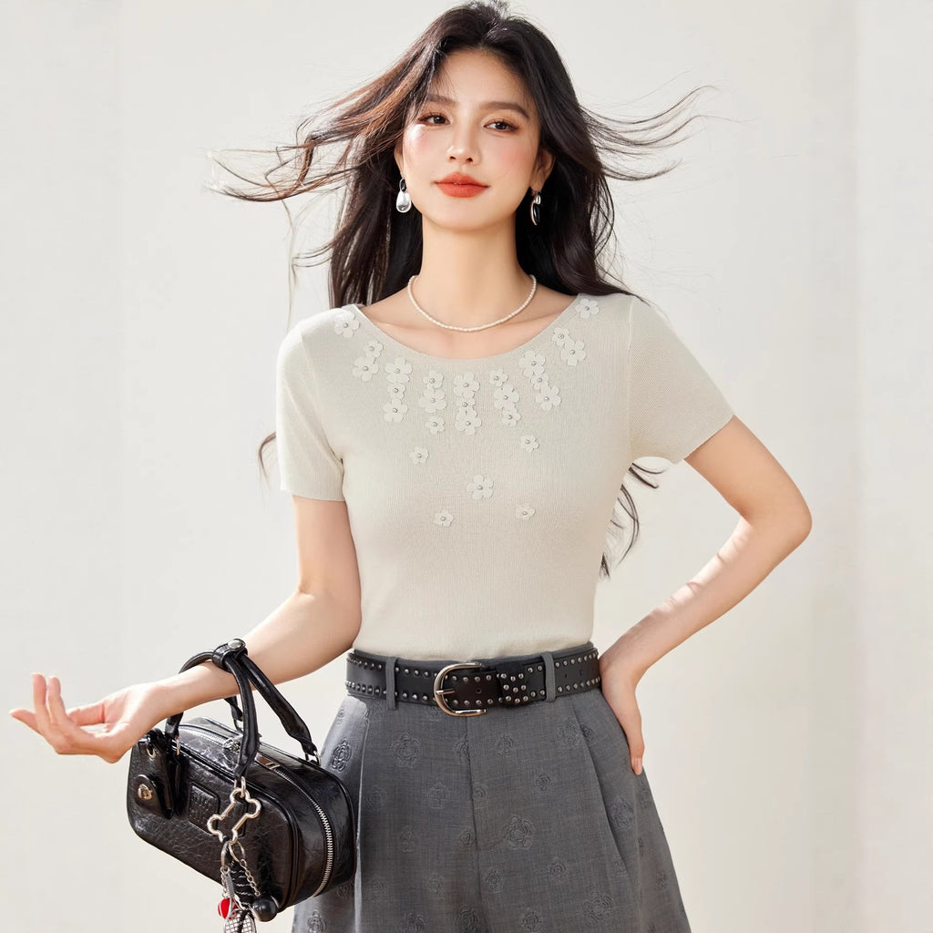 Elegant Style Round Neck Beaded Short Sleeve Knit T-Shirt Women Chic Youthful Slim Fit Top