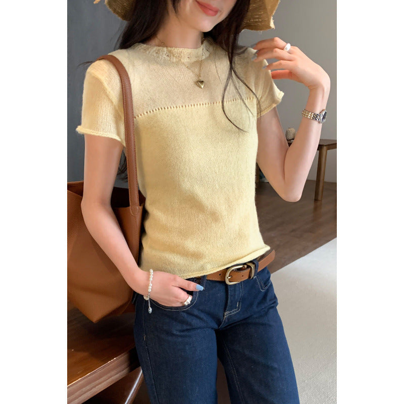 Yellow patchwork regular shoulder short-sleeved wool knitted shirt
