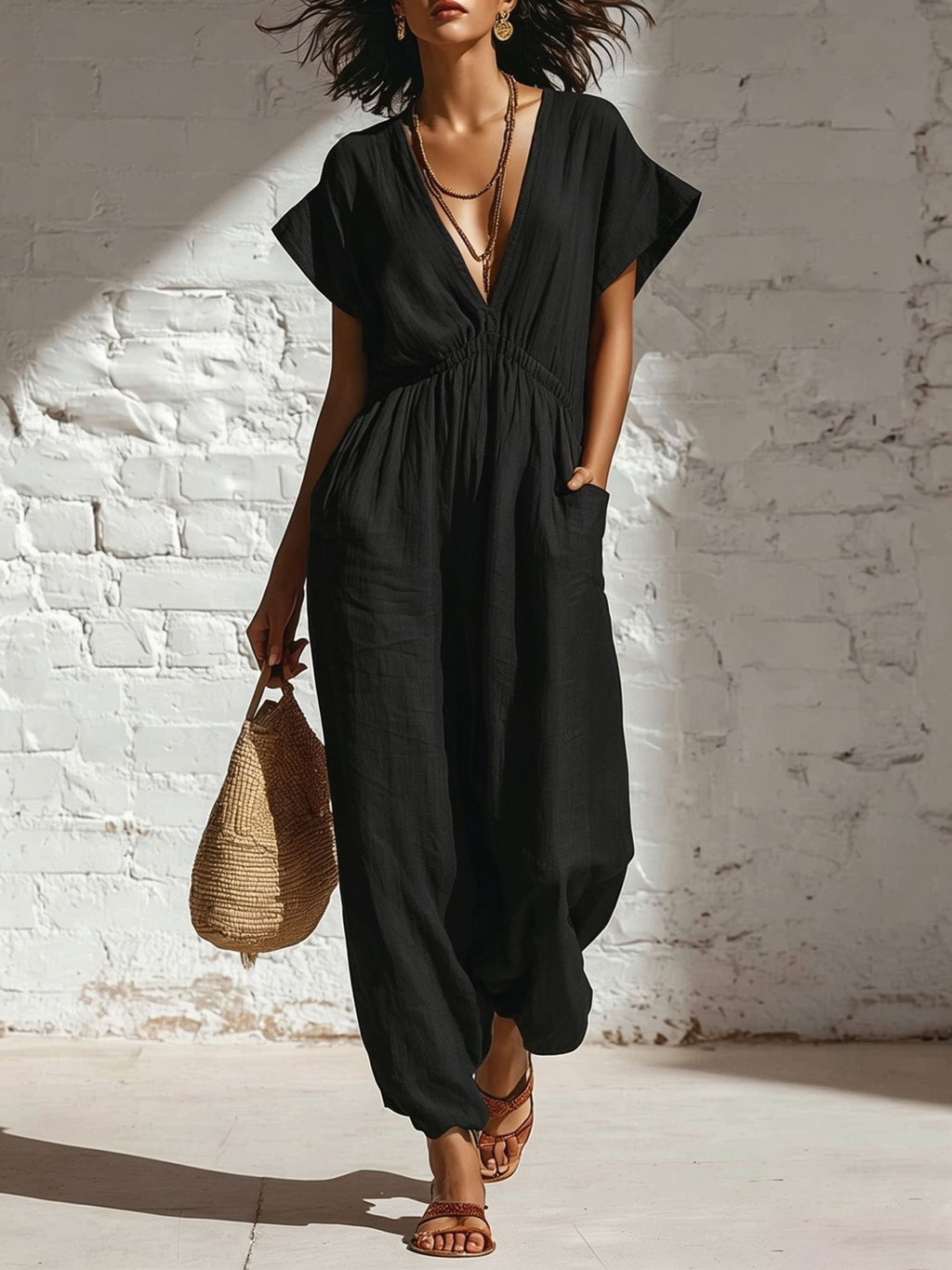 Deep V-neck loose fit pants for women