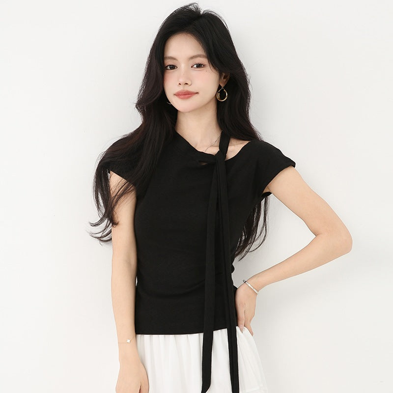 Chic Ribbon Off-Shoulder Short Sleeve T-Shirt for WomenNew Style, Elegant Slim-Fit Unique Top