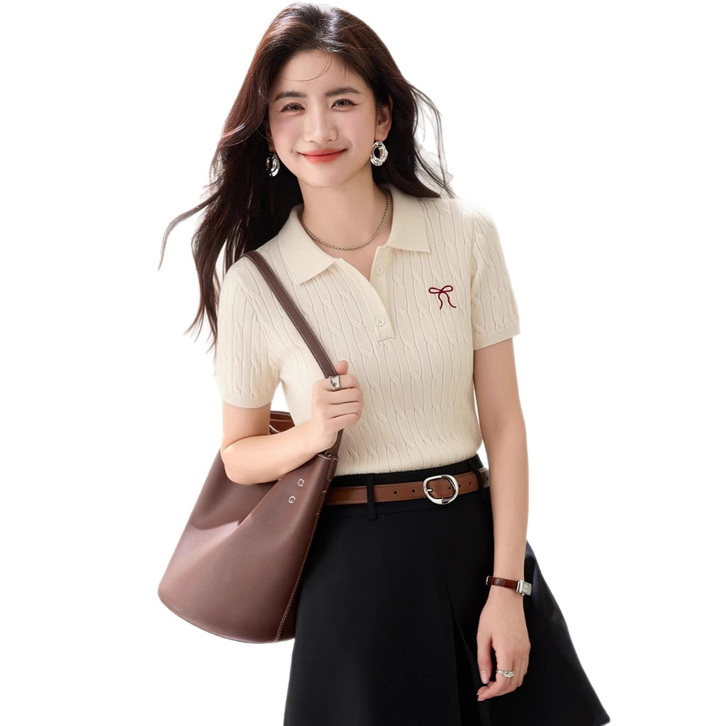 Polo Collar Knitted Short Sleeve Women's Summer Butterfly Knot Embroidery Design T-Shirt Top