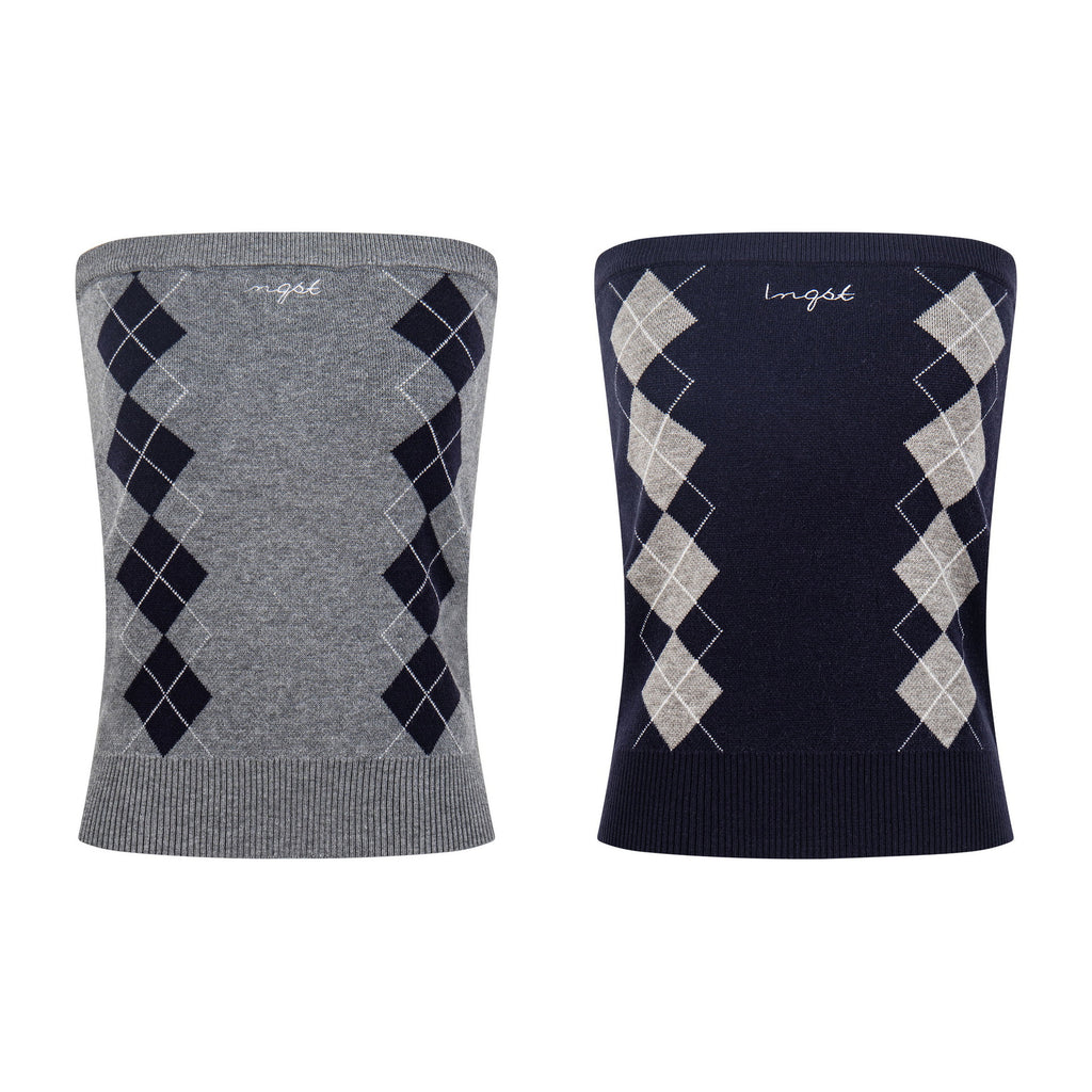 Color-Blocking Diamond Pattern Strapless Top, Waist-Cinching Slim-Fit Sweet
