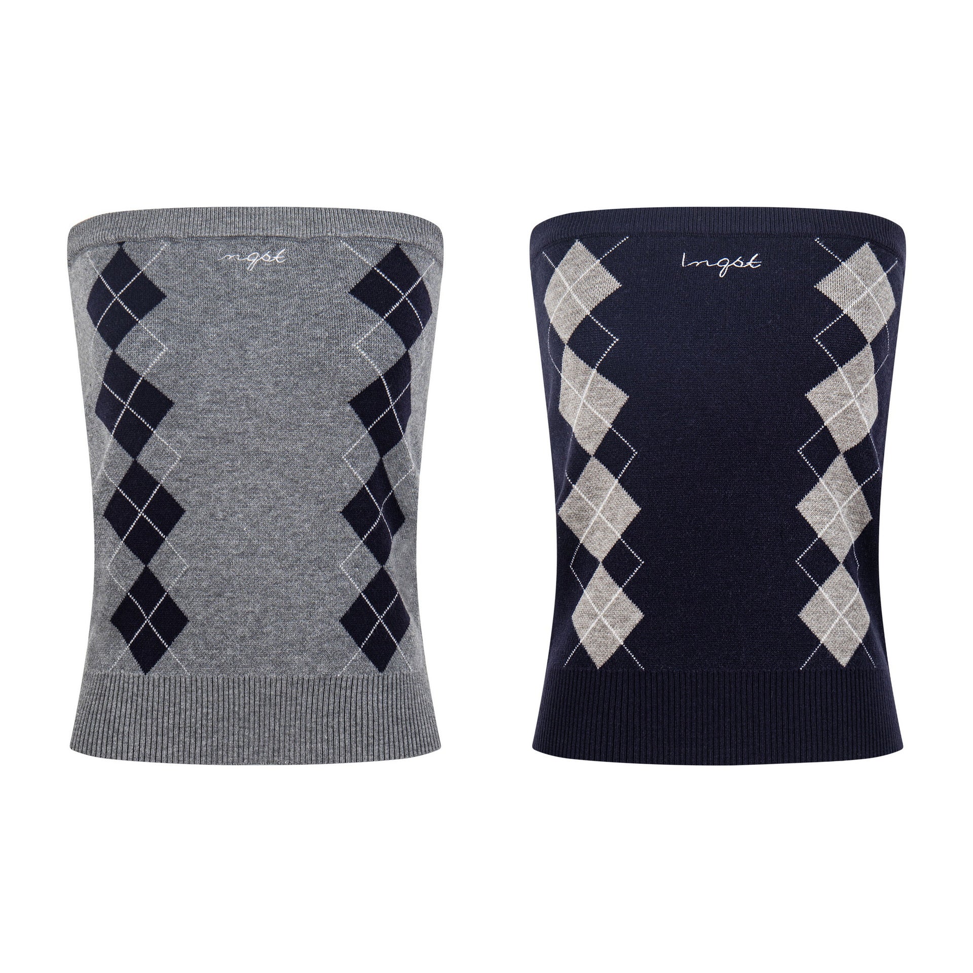 Color-Blocking Diamond Pattern Strapless Top, Waist-Cinching Slim-Fit Sweet