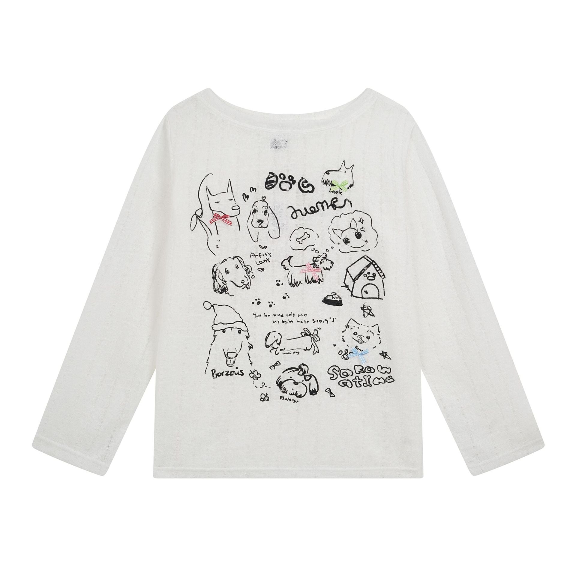 Hand-Painted Dog Print Top, Textured Ribbed Fabric, Soft Style Long Sleeve