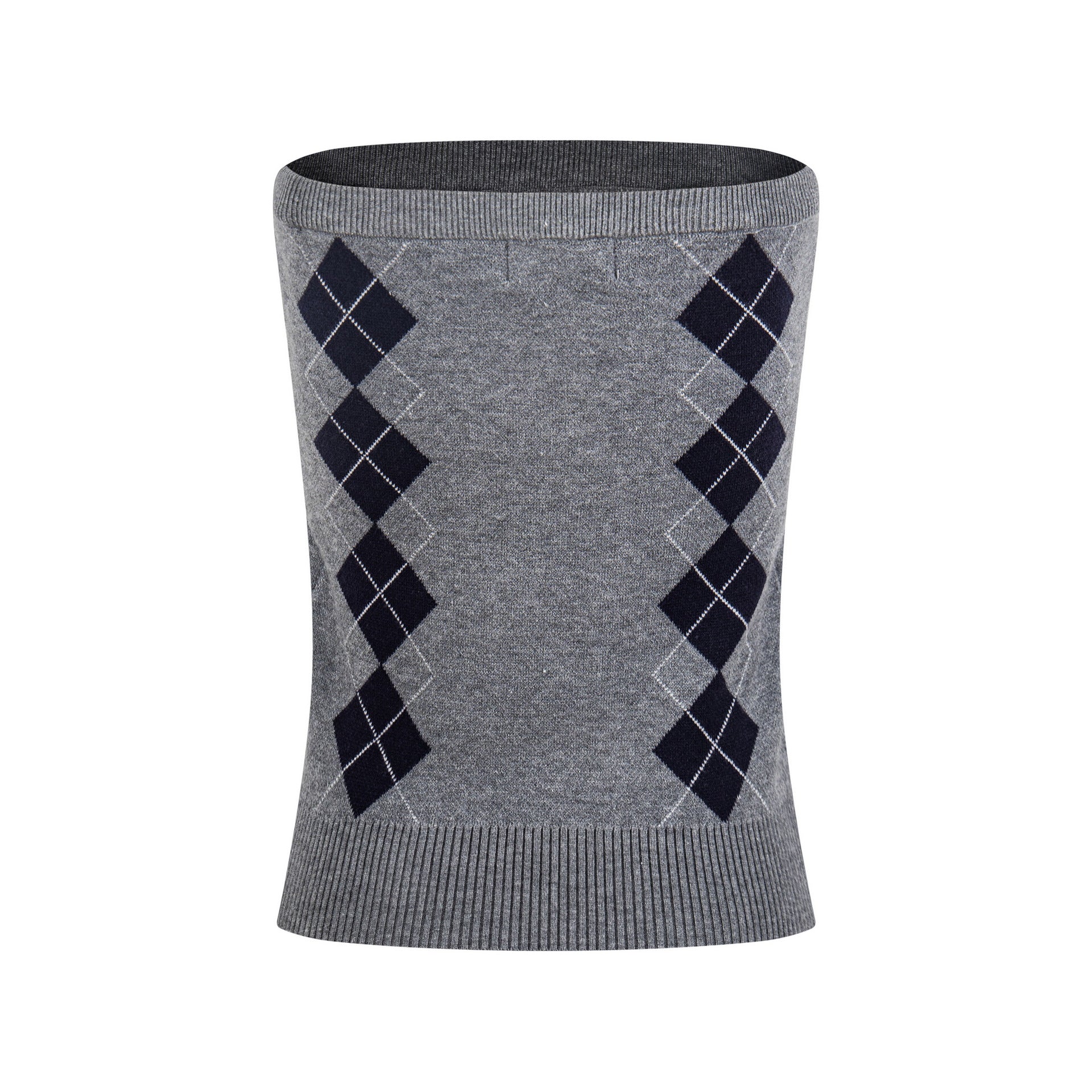 Color-Blocking Diamond Pattern Strapless Top, Waist-Cinching Slim-Fit Sweet