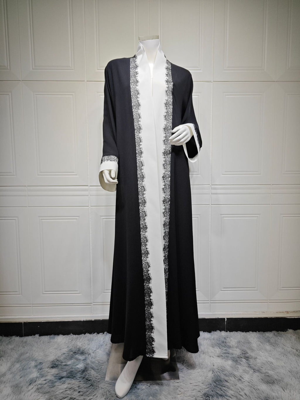 Long Dress with Lace Trim and Black  White Panel Design, Elegant Outerwear for Women
