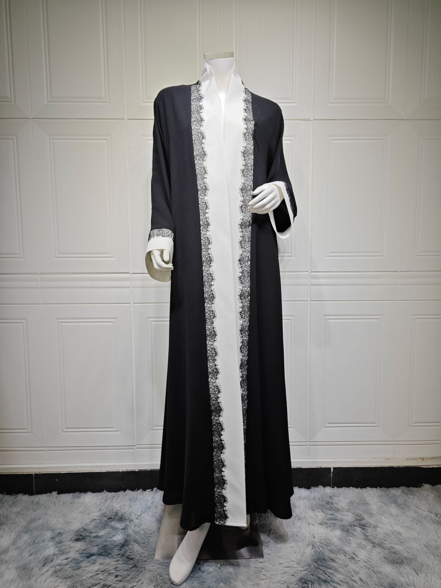 Long Dress with Lace Trim and Black  White Panel Design, Elegant Outerwear for Women