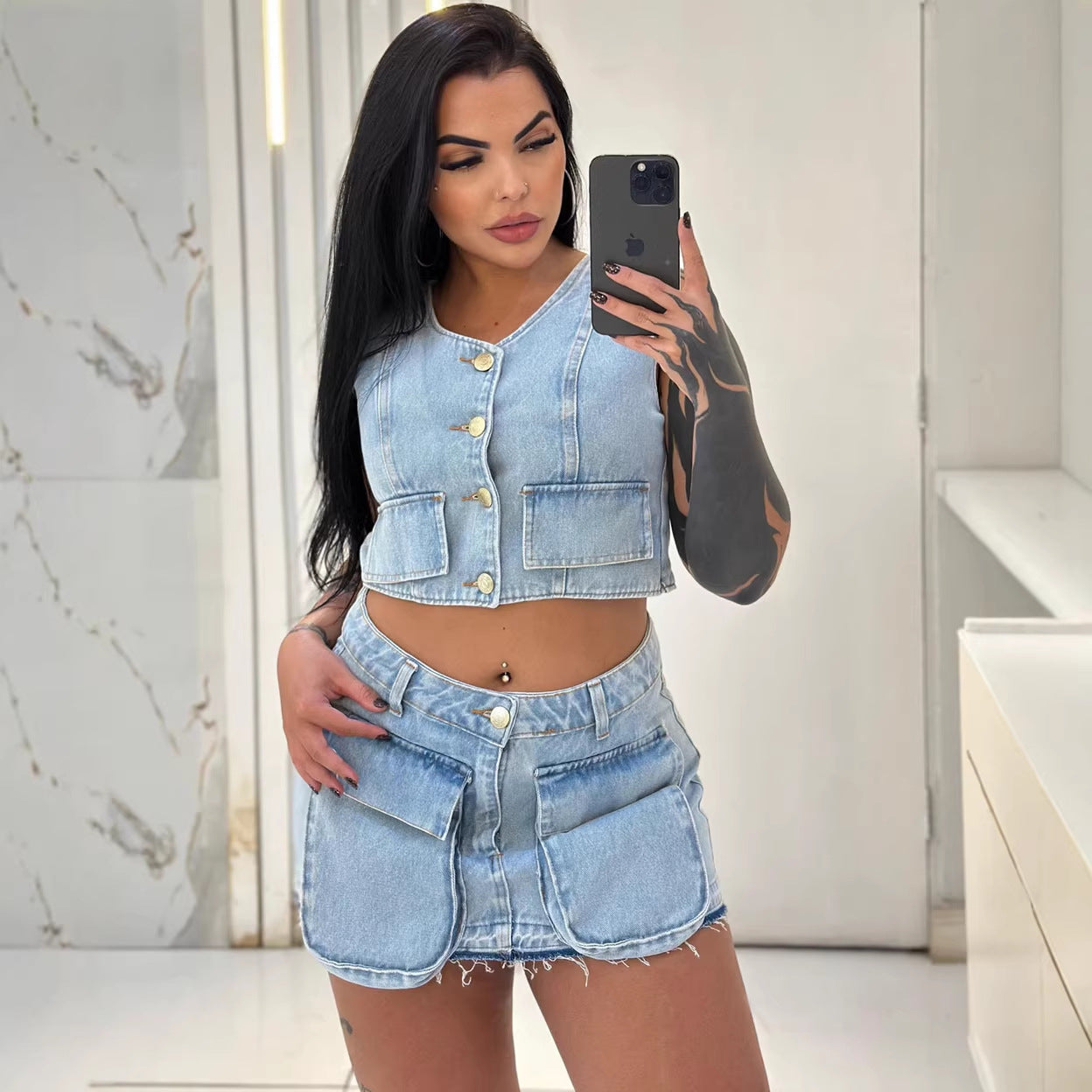 Women's Denim Dress Set, Short Sleeveless Vest with Raw Hem Pockets and Mini Skirt