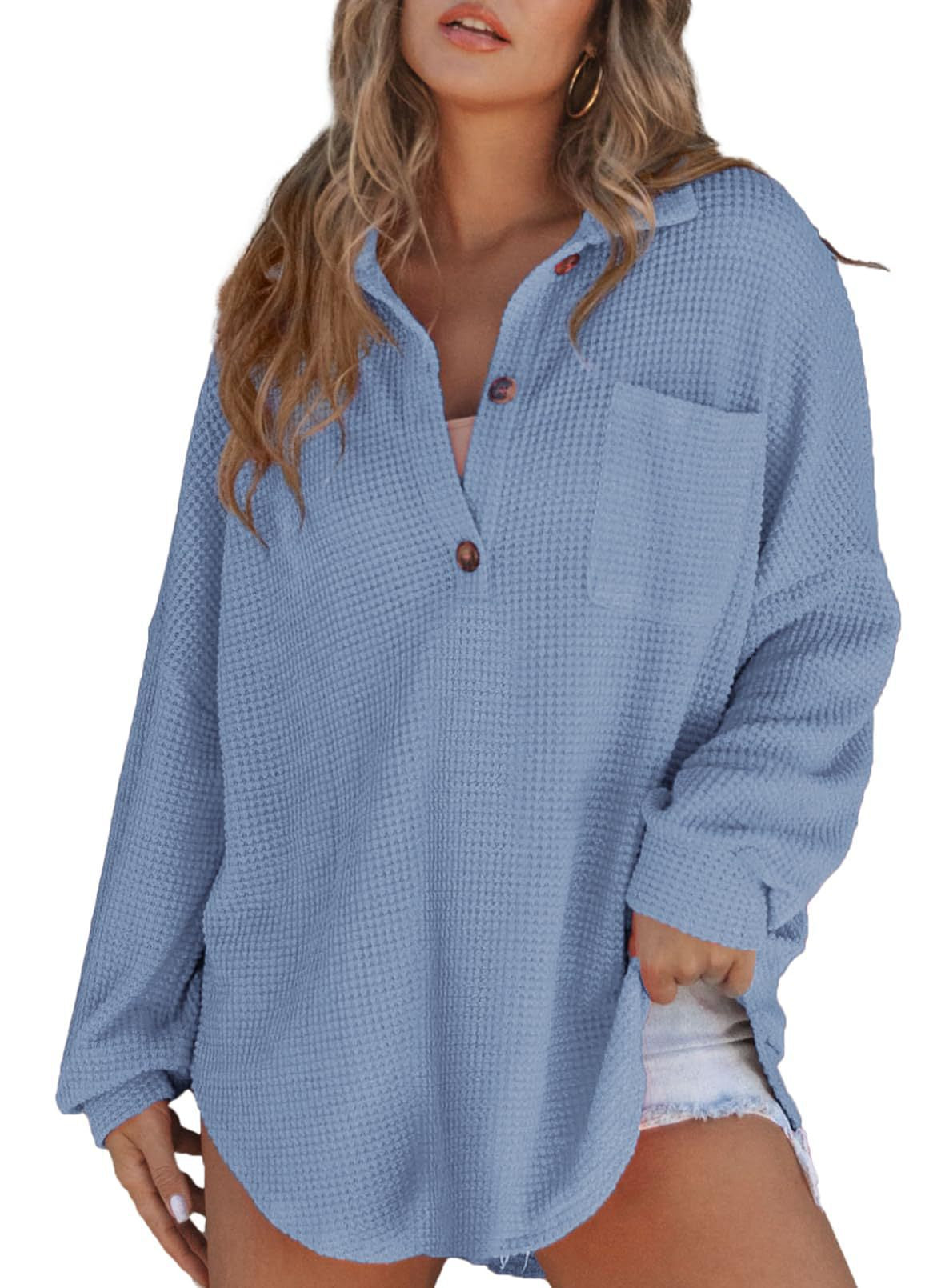 women's waffle knit top with cinched waist