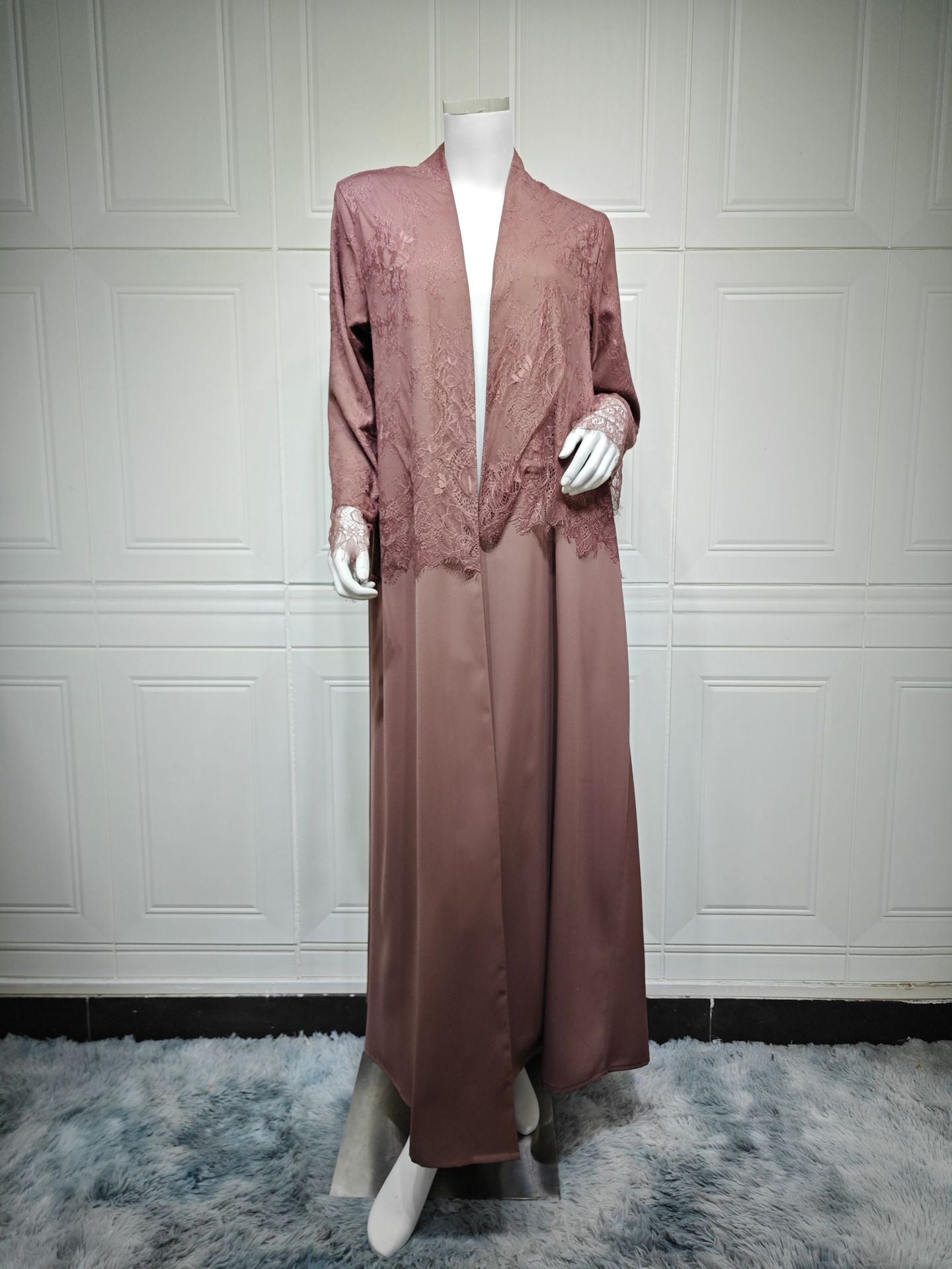 Women's Cardigan with Elegant Lace Panel Long Dress Coat