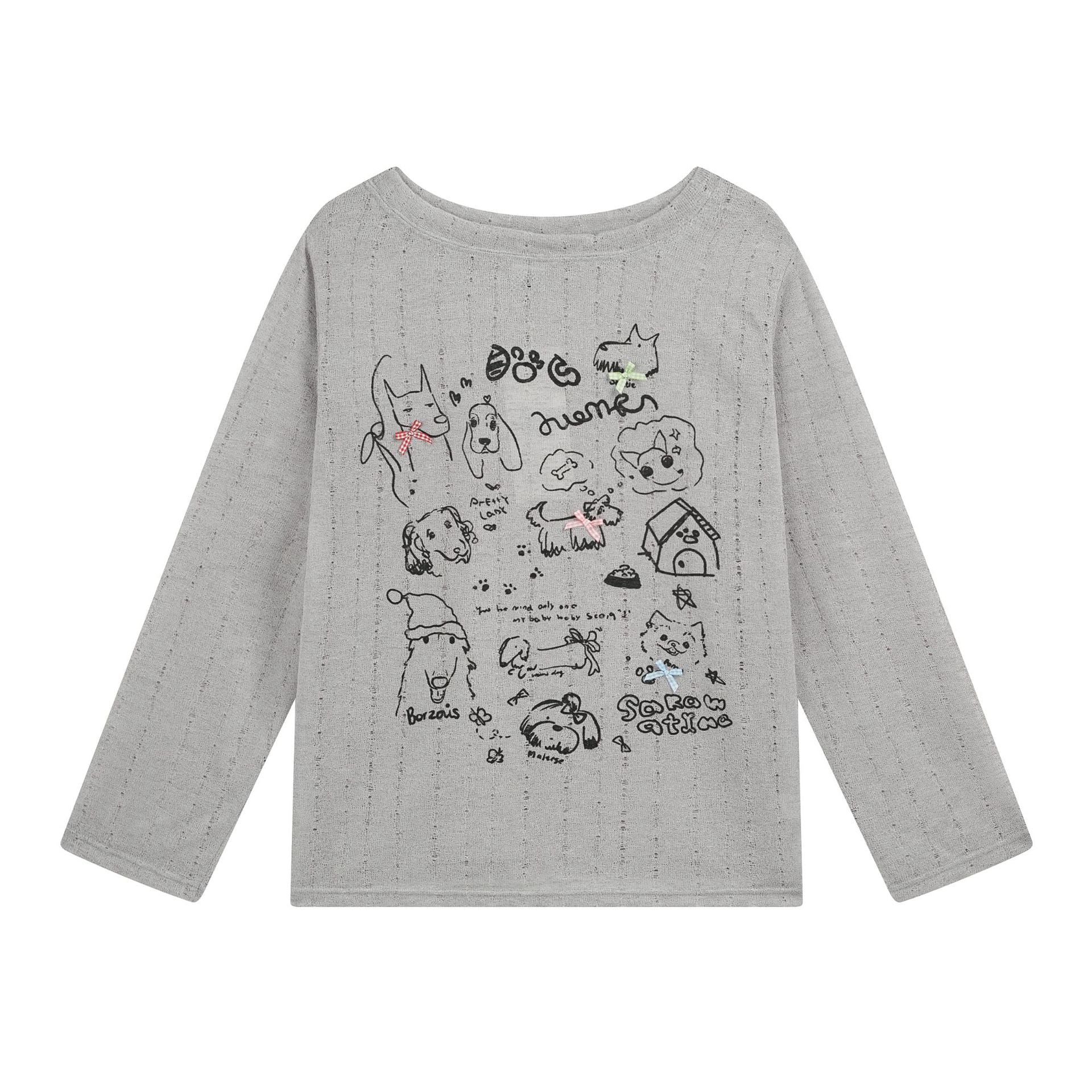 Hand-Painted Dog Print Top, Textured Ribbed Fabric, Soft Style Long Sleeve