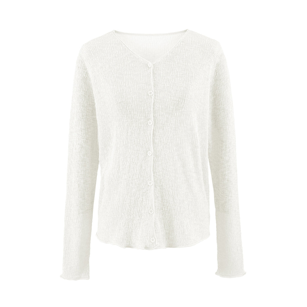 Cotton Linen Bamboo Fiber Breathable Sun Protection Knit Cardigan Women V-Neck Semi-Sheer Air Conditioning Top