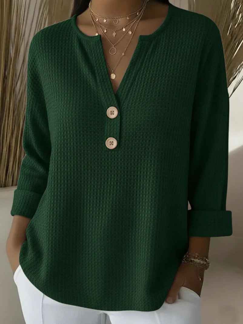 V-neck Waffle Knit Women's Sweater Solid Color Casual Long Sleeve Top Pullover