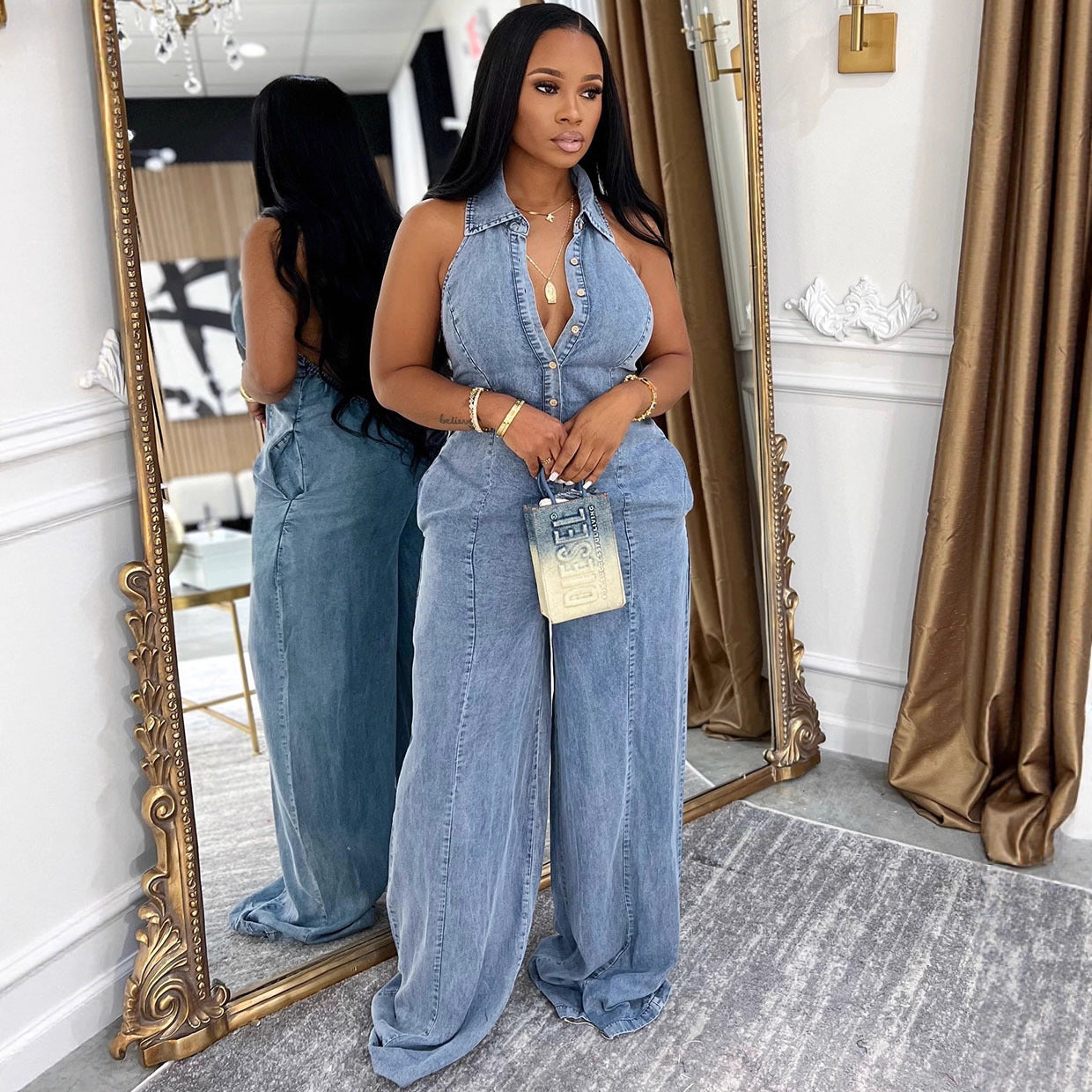 Women's Western Style Denim Jumpsuit with Turn-Down Collar, Halter Neckline, Single Button Closure, Autumn Winter Fashion Jumpsuit