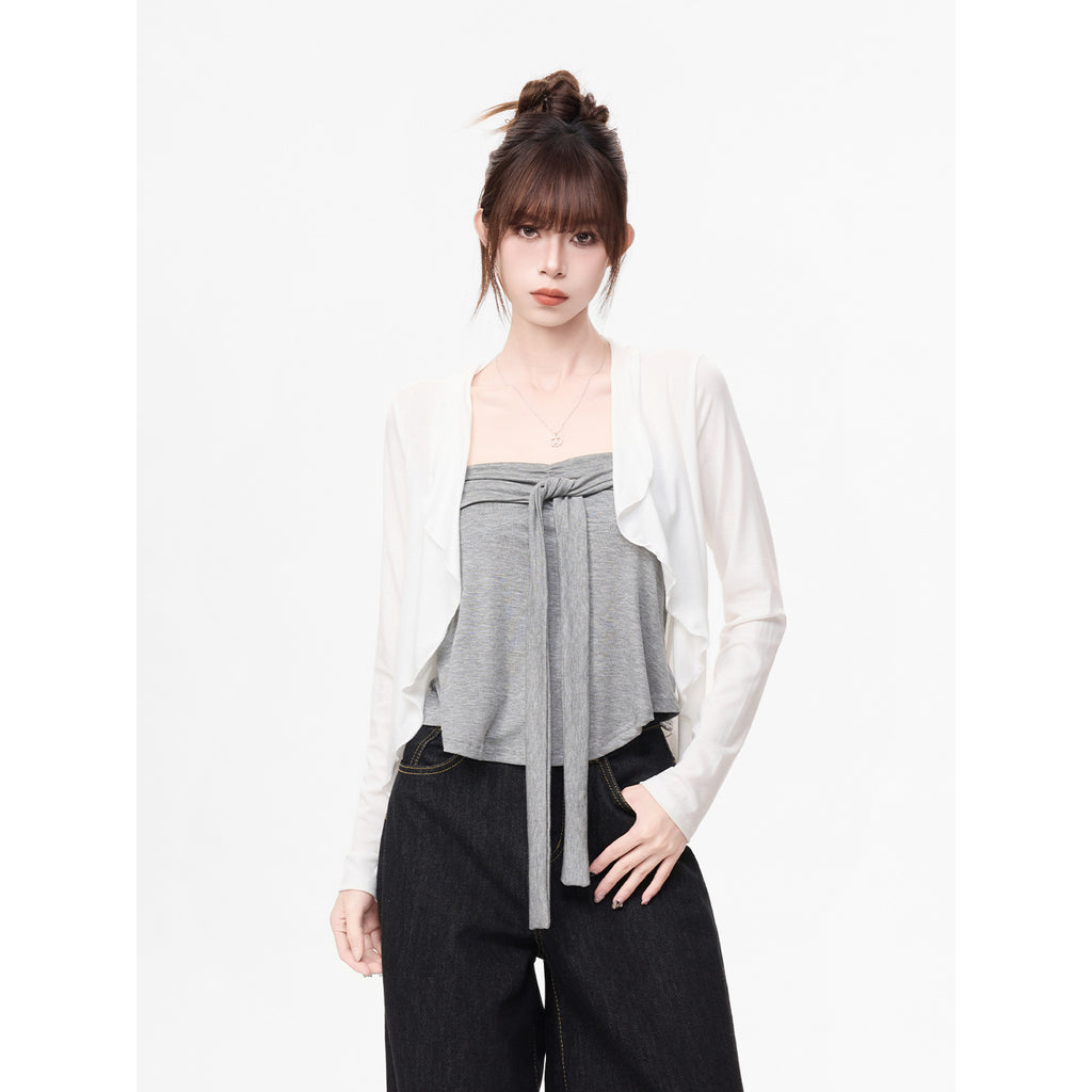 Long Sleeve Cardigan T-Shirt for Women, Gray Strapless Top Two-Piece Set