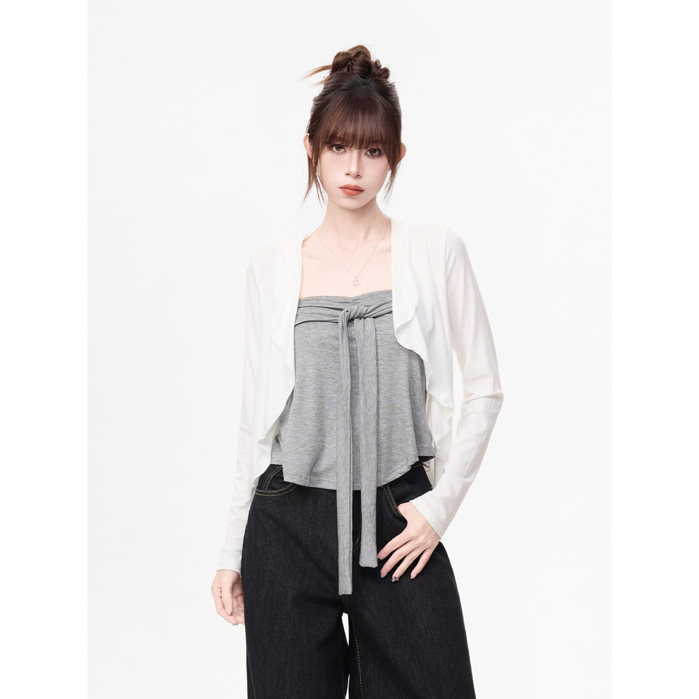Long Sleeve Cardigan T-Shirt for Women, Gray Strapless Top Two-Piece Set