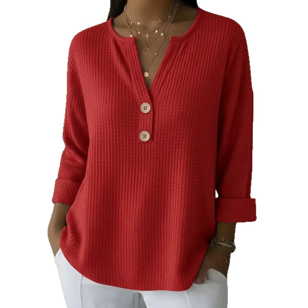 V-neck Waffle Knit Women's Sweater Solid Color Casual Long Sleeve Top Pullover