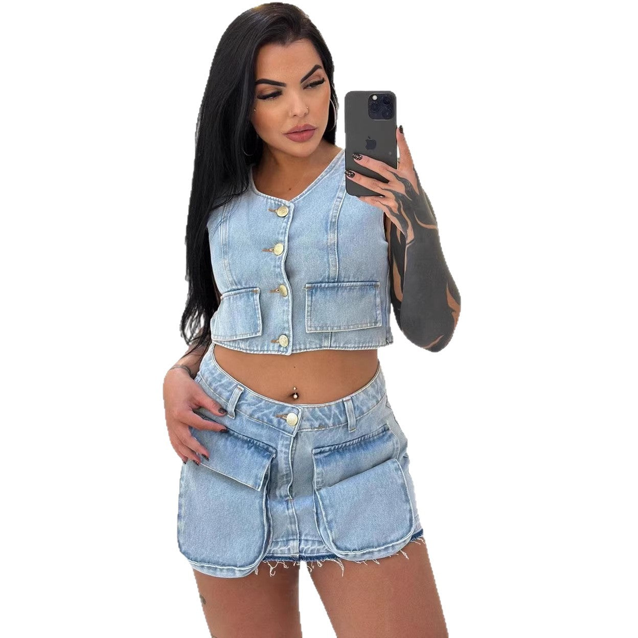 Women's Denim Dress Set, Short Sleeveless Vest with Raw Hem Pockets and Mini Skirt