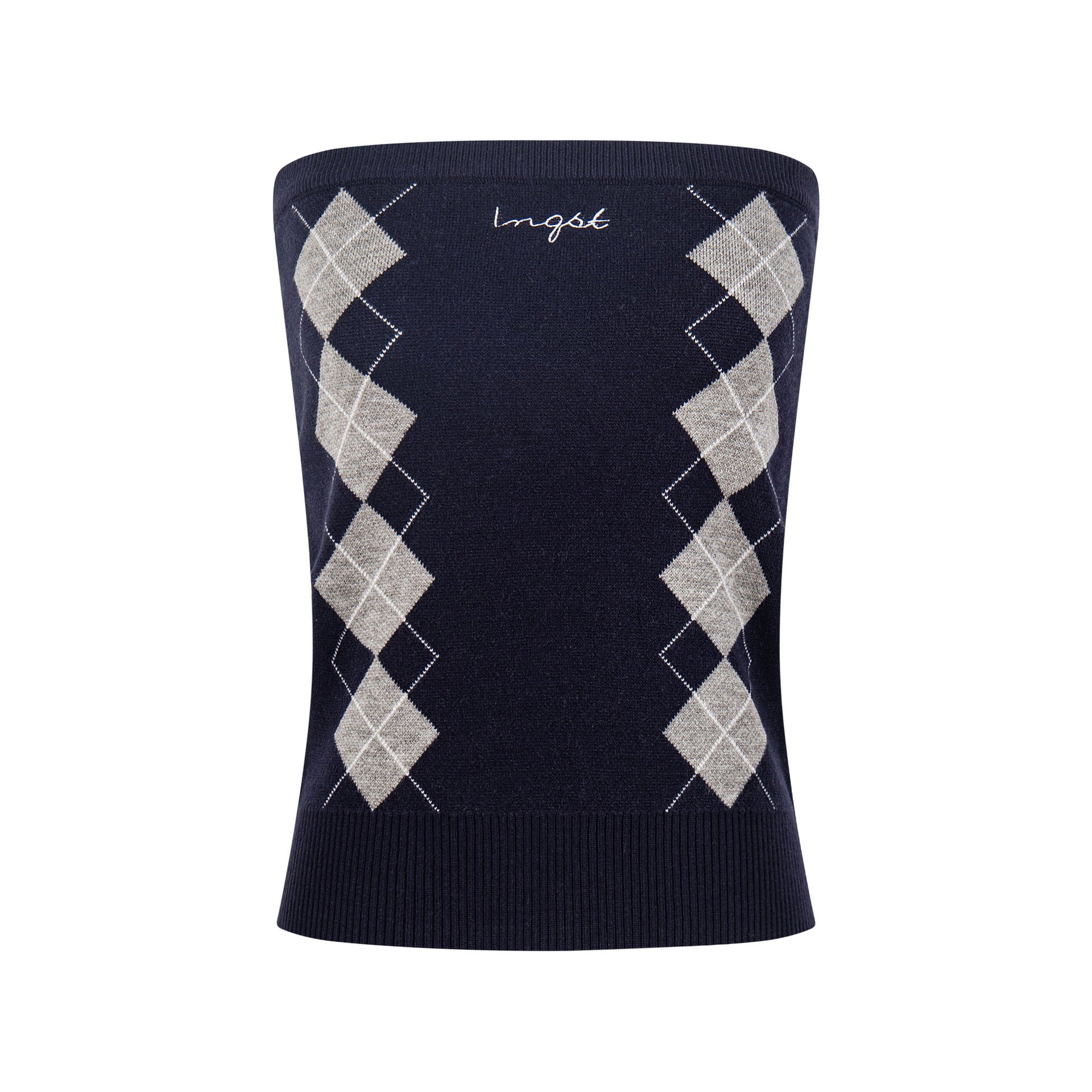 Color-Blocking Diamond Pattern Strapless Top, Waist-Cinching Slim-Fit Sweet