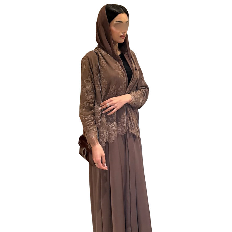 Women's Cardigan with Elegant Lace Panel Long Dress Coat