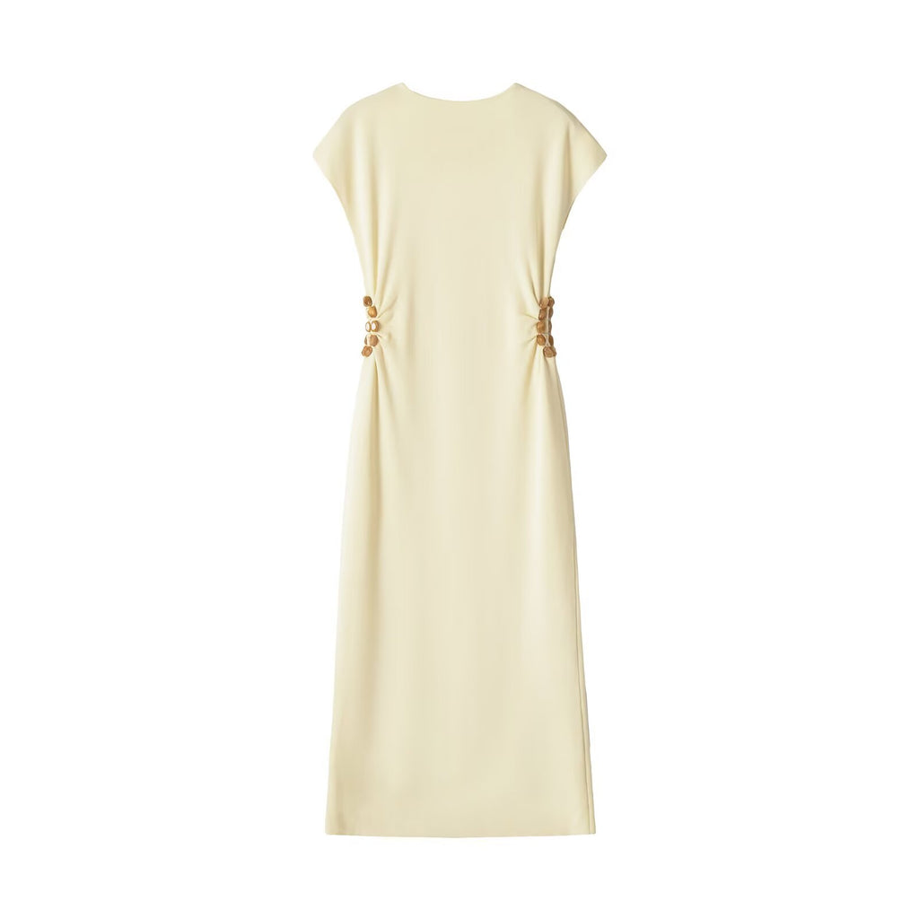 Short sleeved round neck hollow bead knitted dress