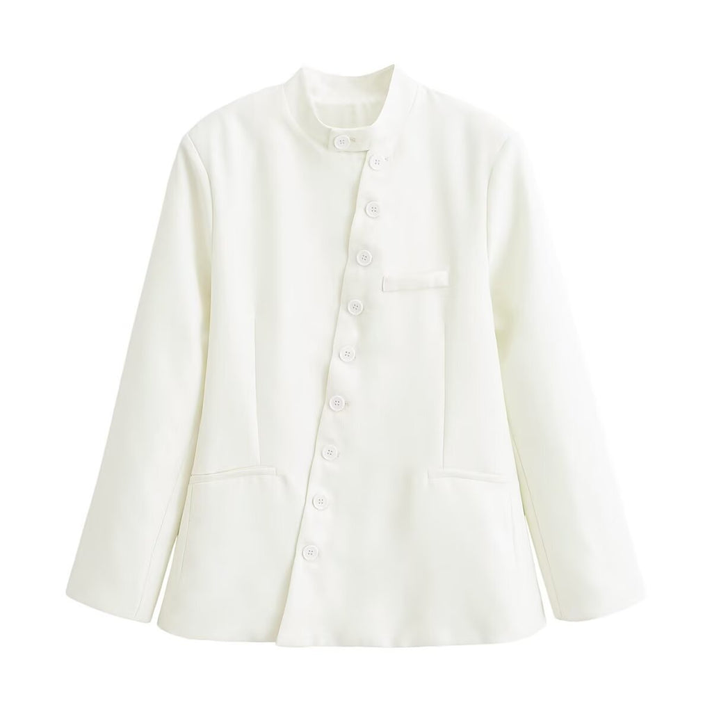 Commuting style diagonal breasted stand up collar jacket