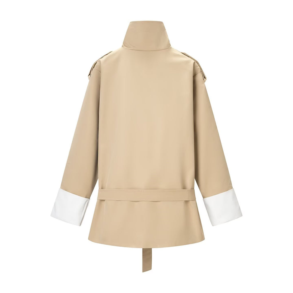 Commuter style contrasting color cuffs mid length trench coat jacket