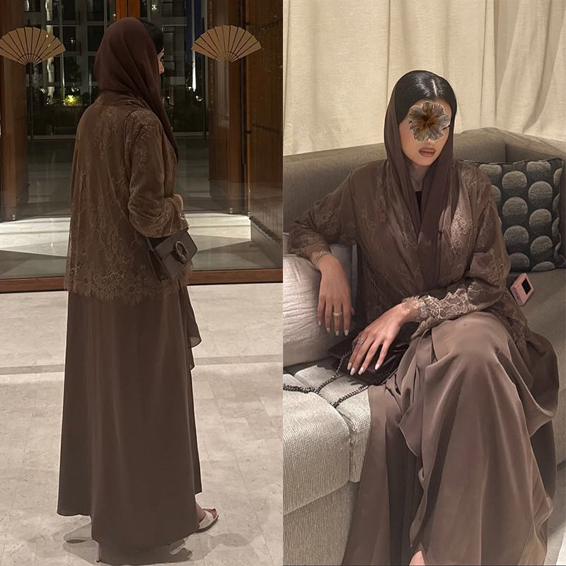 Women's Cardigan with Elegant Lace Panel Long Dress Coat
