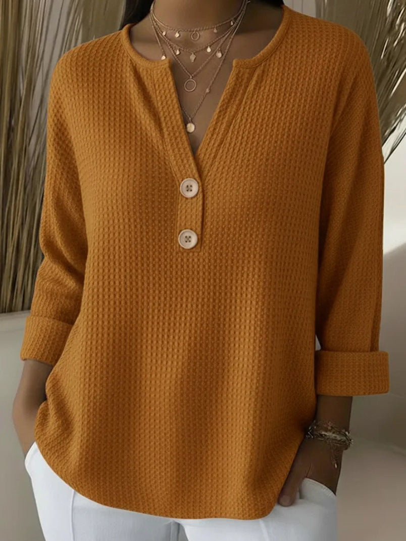 V-neck Waffle Knit Women's Sweater Solid Color Casual Long Sleeve Top Pullover