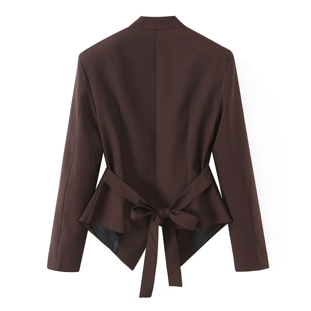 Single breasted chest pleated long sleeved suit jacket without buttons