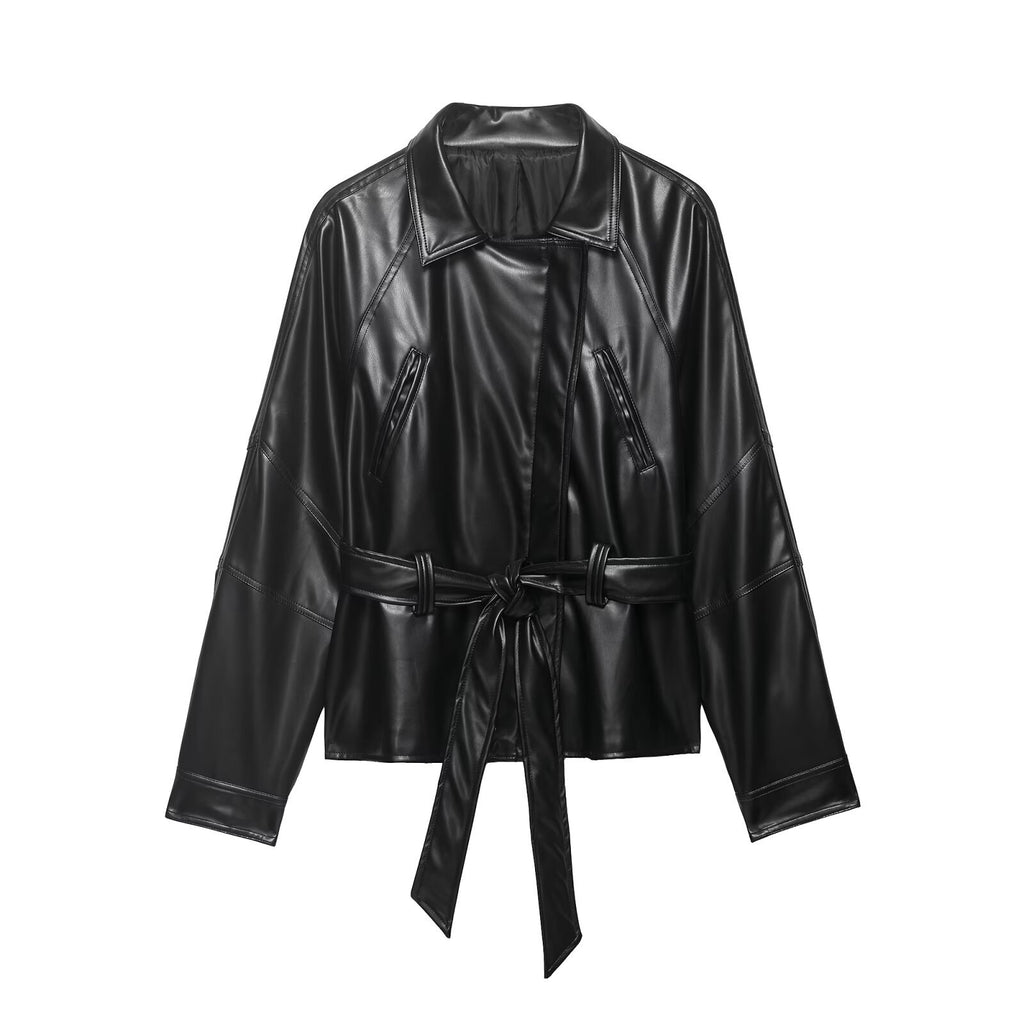 Belt short PU leather stand up collar jacket top
