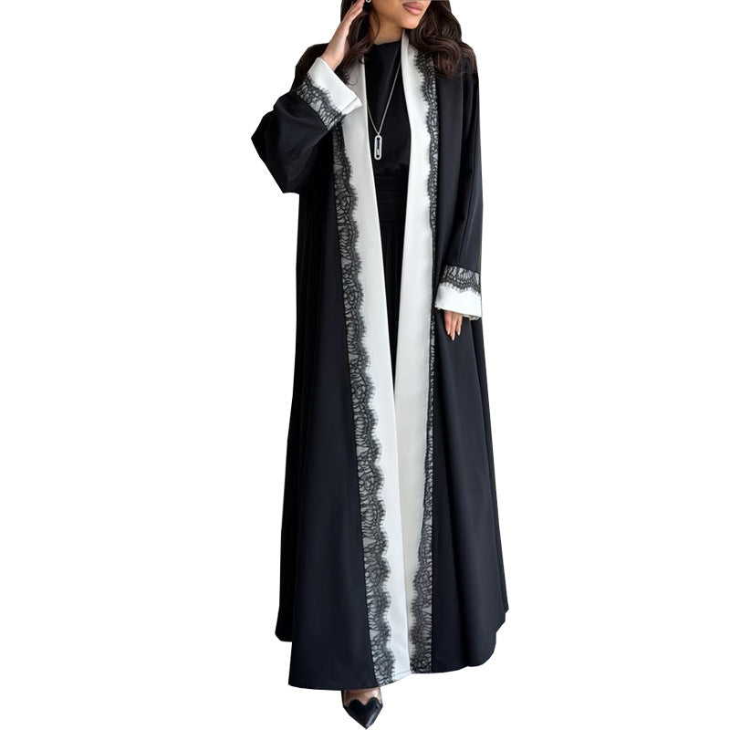 Long Dress with Lace Trim and Black  White Panel Design, Elegant Outerwear for Women