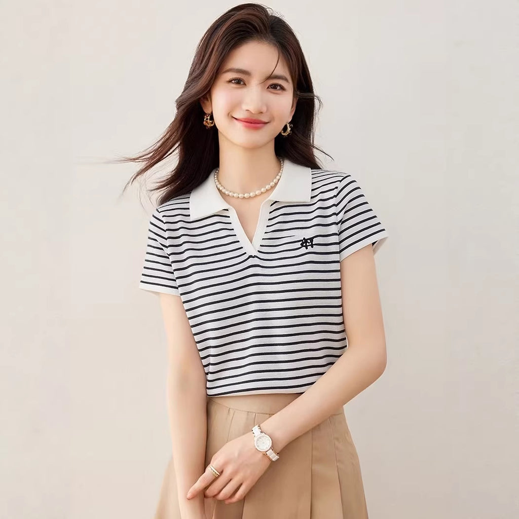 Elegant Turn-Down Collar Short Sleeve T-Shirt for Women Plus Size Polo Neck Versatile Casual Top, Slimming Fit