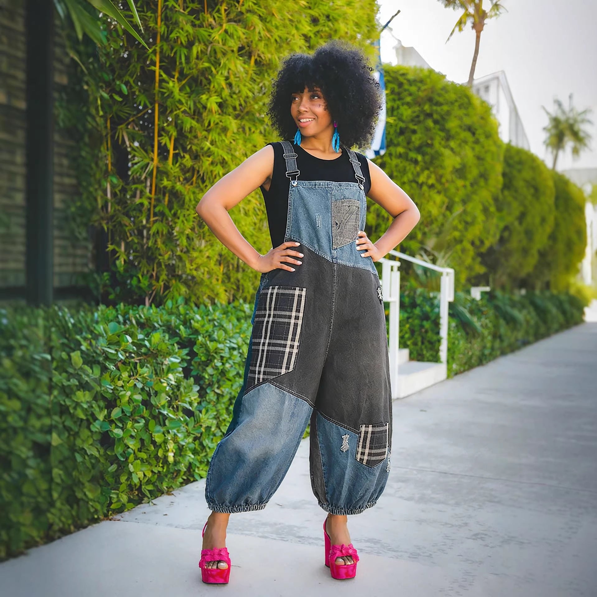 Ripped Checkered Patchwork Pocket 9/10th Length Overalls
