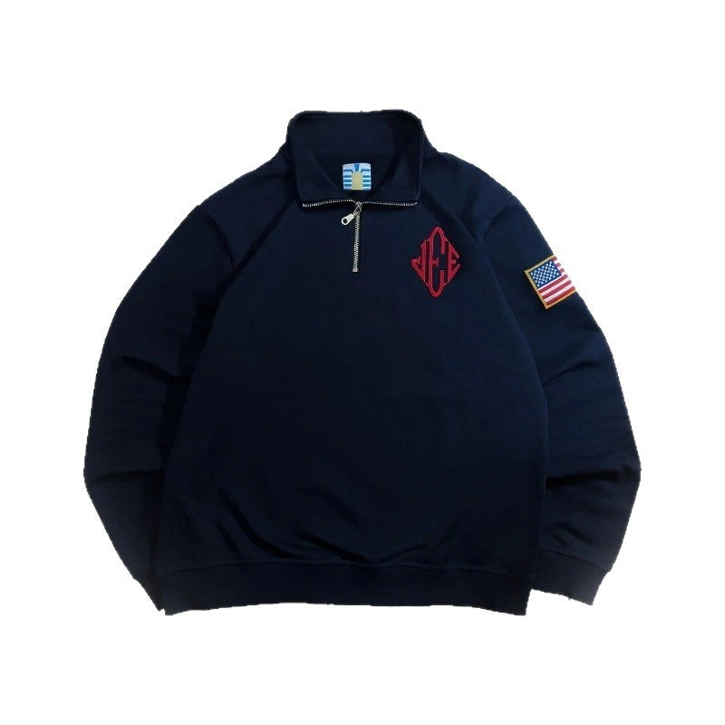 Vintage Retro Hooded Polo Neck Sweatshirt with Embroidery Pattern Casual Streetwear Loose Fit Men's Top