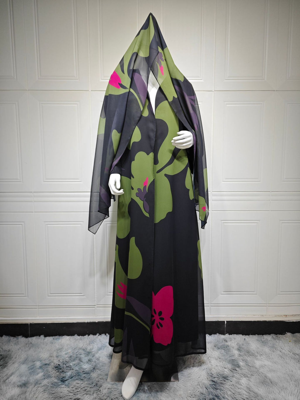 Chiffon Printed Maxi Dress with Headscarf Two-Piece Set