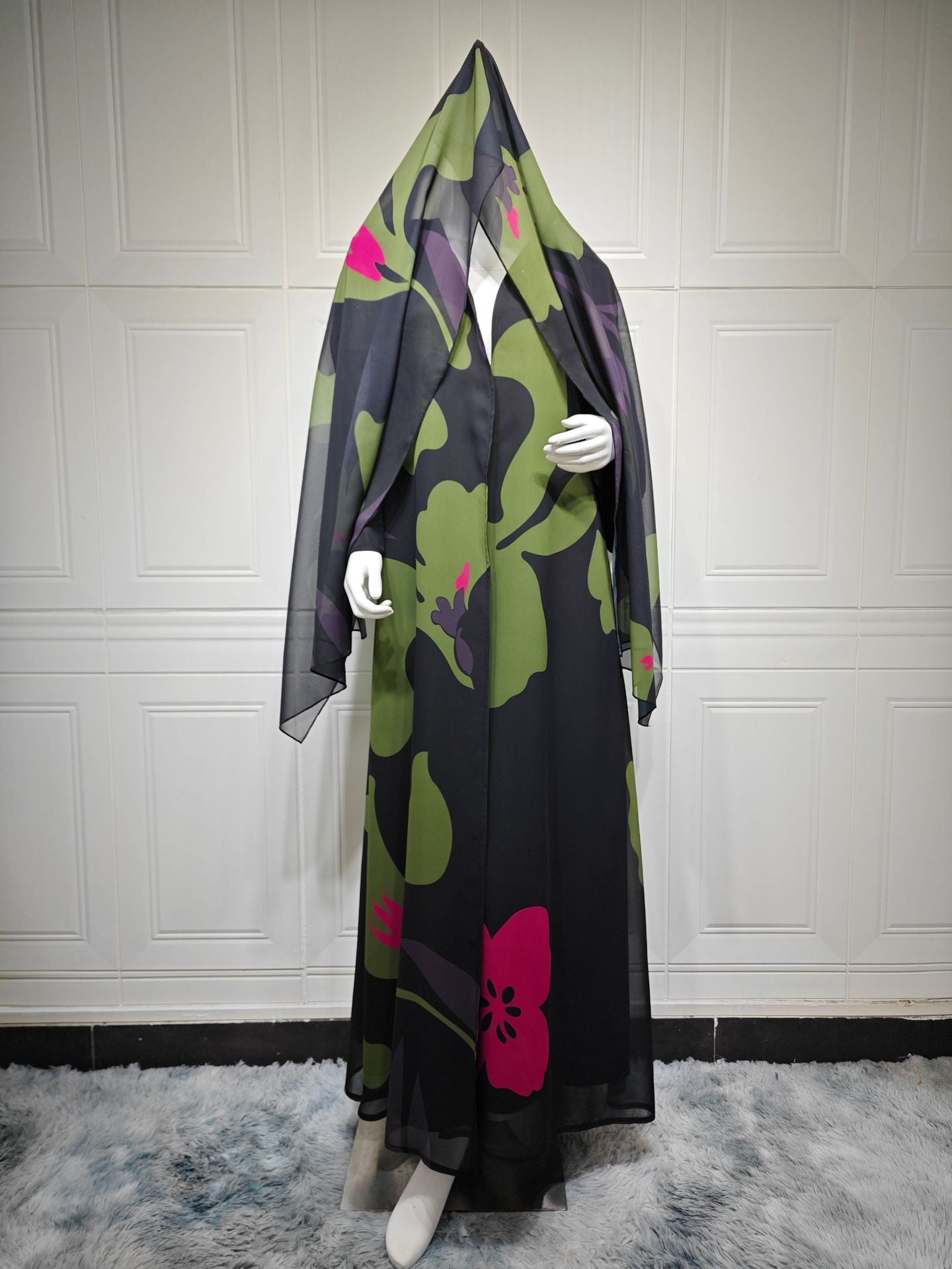 Chiffon Printed Maxi Dress with Headscarf Two-Piece Set