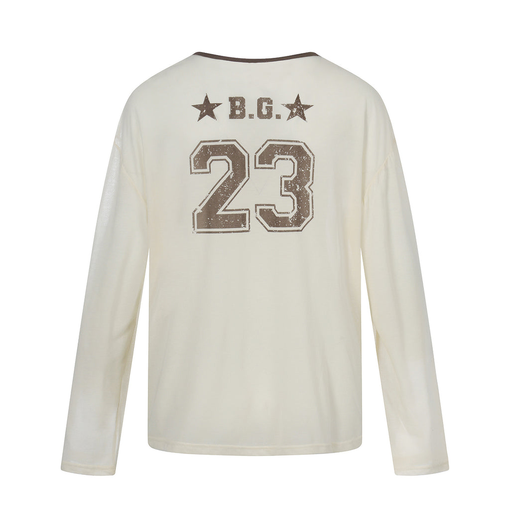 Color-Blocking V-Neck Digital Print Loose T-Shirt  Long Sleeve