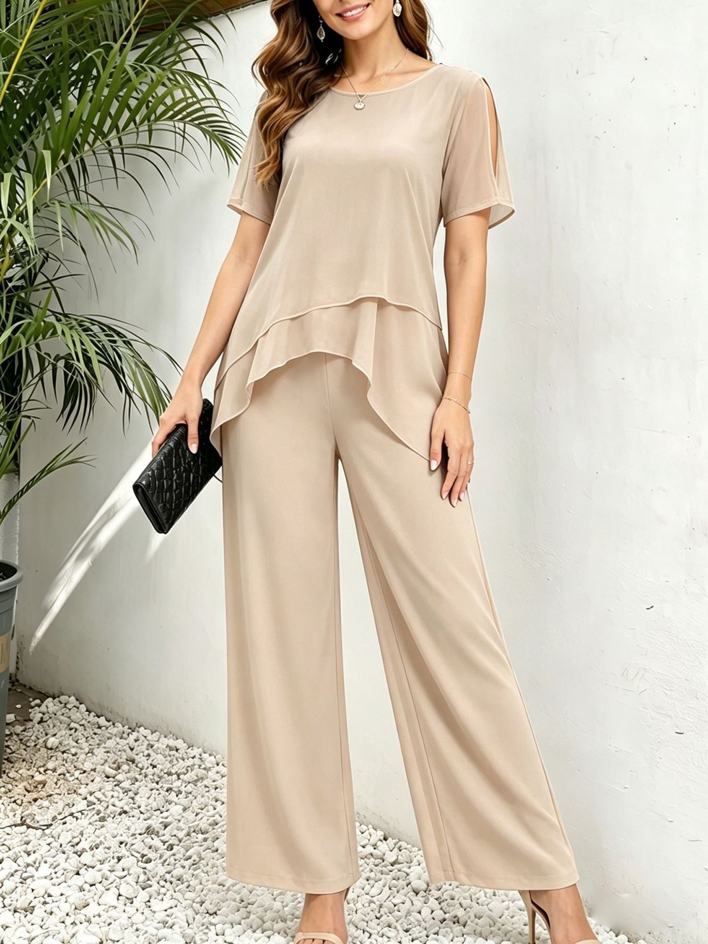 Irregular top wide leg long pants two-piece set