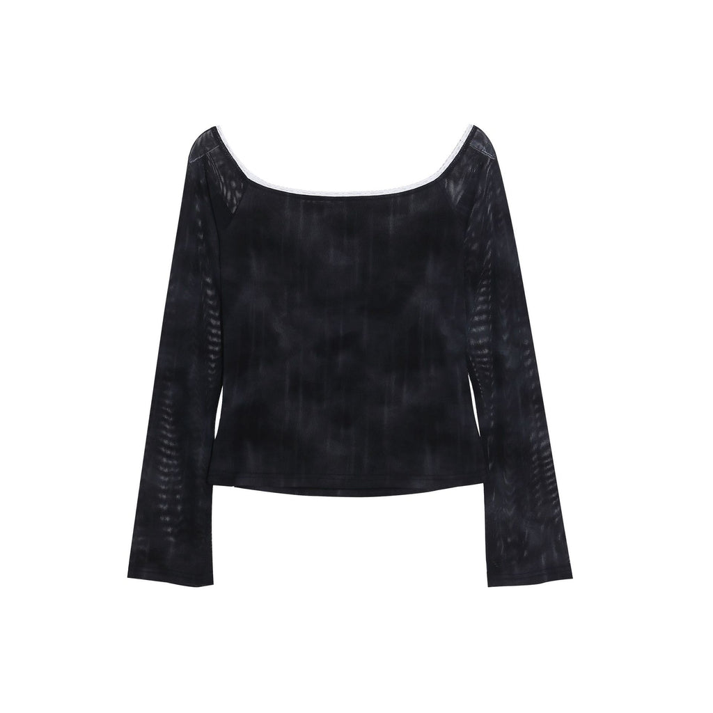 One-Shoulder Tie-Dye Long Sleeve T-Shirt for Women Lace Trim Belted Short Fitted