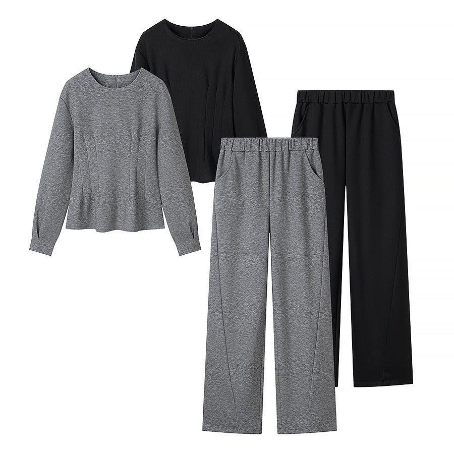Casual style minimalist long sleeved T-shirt+straight leg pants set
