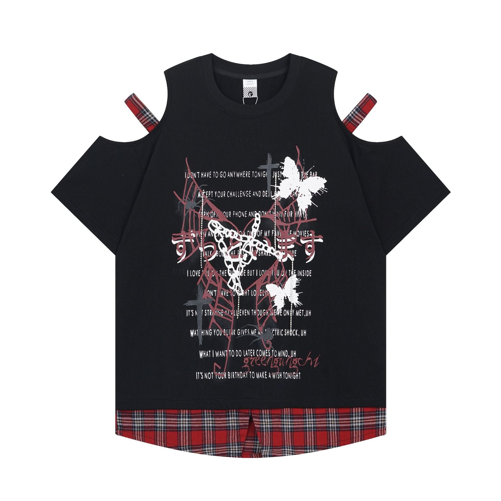 Print Women's Plaid Mock Two-Piece Off-Shoulder Slimming T-Shirt for Commute Outfits