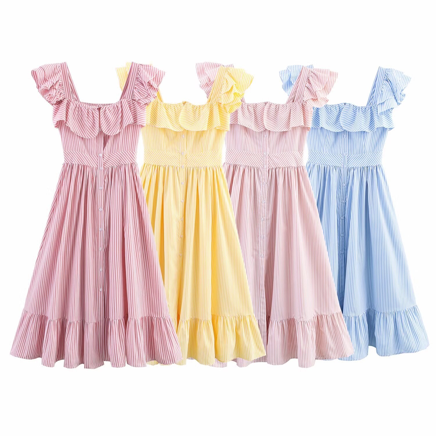 Single breasted striped ruffle edge waist cinched dress