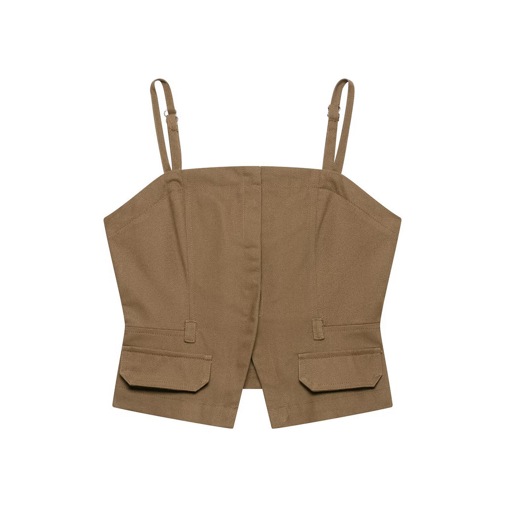 Cowboy camisole top+mid waist denim wide leg pleated pants set