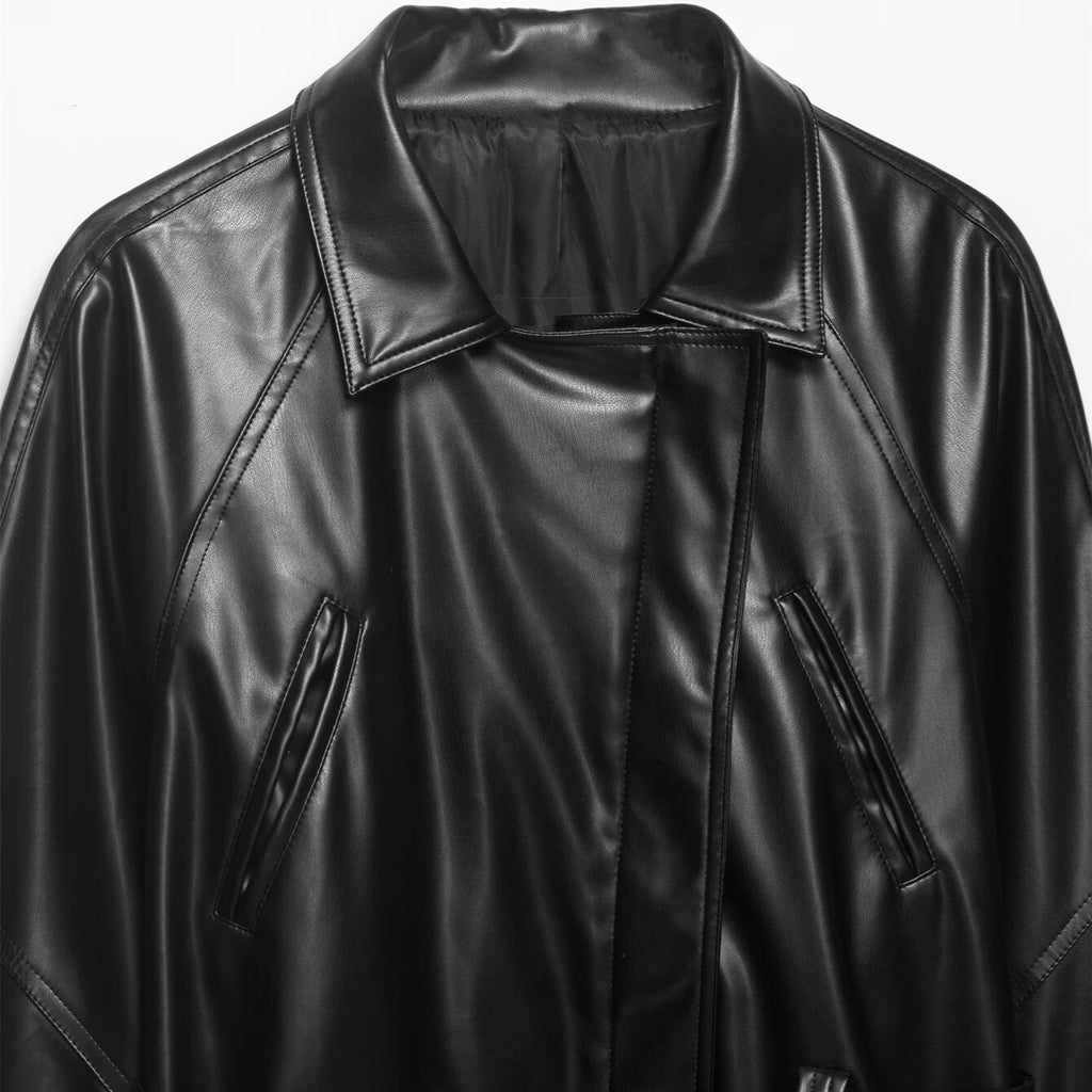 Belt short PU leather stand up collar jacket top