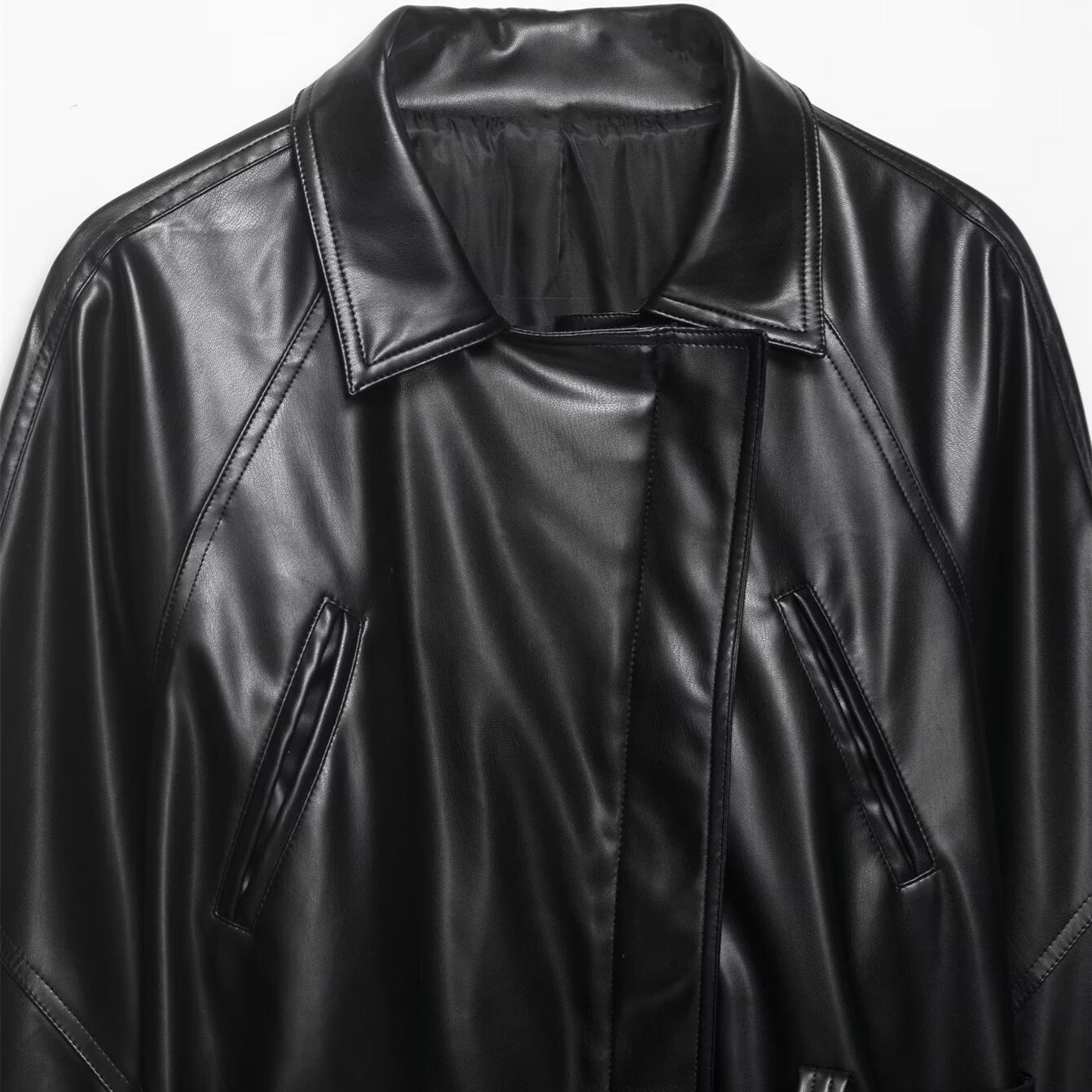 Belt short PU leather stand up collar jacket top