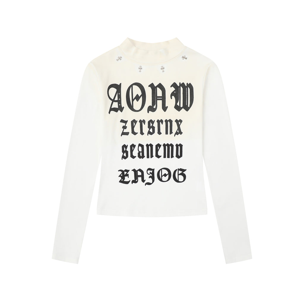 Individual High Street Stud Spliced Gothic Letter Top, Semi-High Neck Slim Fit Sexy Short Crop Top