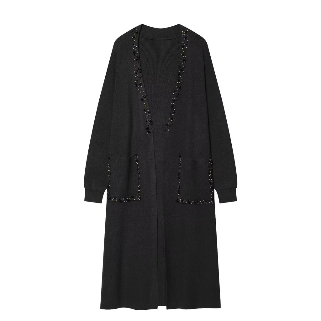 Retro style nail bead long knitted cardigan jacket